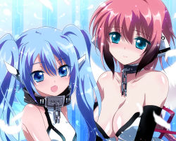 Rule 34 | 2girls, angel wings, bare shoulders, blue eyes, blue hair, blush, breasts, chain, cleavage, collar, flat chest, ichiyou moka, ikaros, long hair, multiple girls, nymph (sora no otoshimono), open mouth, pink hair, short hair, sora no otoshimono, wings