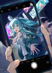 1girl absurdres amari aqua_eyes aqua_hair black_skirt black_sleeves blue_trim blurry camera collared_shirt commentary_request detached_sleeves from_behind glitch grey_shirt hair_ornament hatsune_miku headphones highres holding holding_phone long_hair long_sleeves looking_at_viewer looking_back night open_mouth outdoors people phone pleated_skirt pov reaching reaching_towards_viewer shirt skirt sleeveless sleeveless_shirt solo_focus twintails upper_body vocaloid