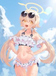 Rule 34 | 1girl, :d, absurdres, bikini, blue archive, blue sky, blurry, brown hair, cloud, cloudy sky, collarbone, commentary request, depth of field, eyewear on head, frilled bikini, frills, hair between eyes, halo, hands on own hips, hifumi (blue archive), hifumi (swimsuit) (blue archive), highres, long hair, looking at viewer, low twintails, navel, official alternate costume, open mouth, outdoors, sidelocks, sky, sleeveless, smile, solo, spaghetti strap, stomach, sunglasses, swimsuit, twintails, wet, wet clothes, wet swimsuit, white bikini, whonyang, wing hair ornament, yellow eyes
