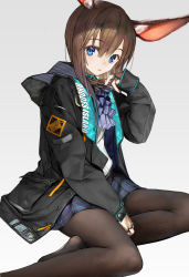 Rule 34 | amiya (arknights), animal ear fluff, animal ears, arknights, ascot, black pantyhose, blue eyes, blue skirt, brown hair, clothes writing, commentary, grey background, highres, jacket, jewelry, long sleeves, looking at viewer, multiple rings, nyatabe, pantyhose, parted lips, rabbit ears, ring, simple background, sitting, skirt, solo, yokozuwari