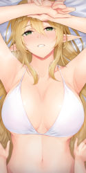 Rule 34 | 1girl, anza tomo, armpits, arms up, bare shoulders, bikini, bikini top only, blonde hair, blush, breasts, cleavage, commentary request, elf, green eyes, hair between eyes, highres, large breasts, long hair, looking at viewer, navel, original, parted lips, pointy ears, pov, smile, solo focus, swimsuit, white bikini
