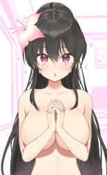 Rule 34 | 1girl, black hair, blush, bow, breasts, chestnut mouth, commission, flower, gloves, hair between eyes, hair ornament, highres, large breasts, long hair, nude, original, ponytail, purple eyes, sidelocks, solo, twin (tt lsh), upper body, very long hair