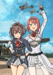 Rule 34 | 2girls, aircraft, airplane, annin musou, ark royal (kancolle), ascot, bad id, bad twitter id, belt, belt buckle, biplane, black belt, blue eyes, breasts, brown belt, brown gloves, brown hair, buckle, cloud, cloudy sky, day, fairey swordfish, fingerless gloves, flower, gloves, grey eyes, grey gloves, grey skirt, hair between eyes, hairband, kantai collection, long hair, long sleeves, medium breasts, messy hair, mountain, multiple girls, open mouth, pantyhose, pleated skirt, pointing, pointing up, ponytail, red ascot, red flower, red hair, red ribbon, red rose, ribbon, rose, sheffield (kancolle), short hair, shorts, skirt, sky, smile, tiara, white legwear, white shorts