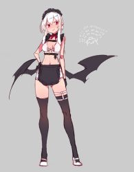 Rule 34 | 1girl, baal (shiomachi), bat wings, embarrassed, grey background, maid, original, pout, red eyes, shiomachi, sketch, solo, thigh strap, thighhighs, white hair, wings, zettai ryouiki