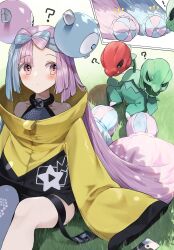 Rule 34 | ?, blue hair, blush, bow-shaped hair, closed mouth, commentary request, creatures (company), feet out of frame, game freak, grey pantyhose, grey shirt, highres, iono (pokemon), jacket, long hair, long sleeves, multicolored hair, nintendo, on grass, pantyhose, pentagon (railgun ky1206), pink hair, pokemon, pokemon sv, red eyes, scovillain, shirt, single leg pantyhose, sitting, sleeves past fingers, sleeves past wrists, two-tone hair, very long hair, yellow jacket
