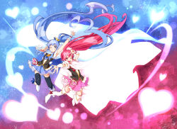 Rule 34 | 10s, 2girls, ;d, aino megumi, arm up, armpits, black legwear, blue background, blue eyes, blue hair, blue skirt, boots, brooch, cape, crown, cure lovely, cure princess, frills, gradient background, happinesscharge precure!, heart, heart brooch, highres, jewelry, long hair, magical girl, mini crown, multiple girls, necktie, one eye closed, open mouth, pink background, pink eyes, pink hair, pink skirt, ponytail, precure, shirayuki hime, shoes, skirt, smile, thigh boots, thighhighs, twintails, ushiki yoshitaka, v, white legwear, wide ponytail, wink, wrist cuffs