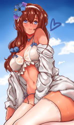 Rule 34 | 1girl, absurdres, aratako (crimson015), bare shoulders, bikini, blue eyes, blue sky, blush, breasts, brown hair, closed mouth, collarbone, commentary request, fate/grand order, fate (series), flower, hair flower, hair ornament, hairband, highres, jacket, jewelry, large breasts, long hair, long sleeves, looking at viewer, mata hari (fate), navel, necklace, off shoulder, open clothes, open jacket, sitting, sky, smile, solo, swimsuit, thighhighs, thighs, wariza, white bikini, white jacket, white thighhighs