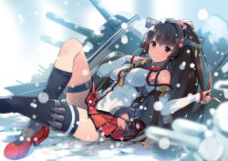 Rule 34 | 10s, 1girl, anchor, armpits, breasts, brown hair, cherry blossoms, headgear, kantai collection, large breasts, long hair, looking at viewer, machinery, personification, ponytail, red eyes, smile, snowing, solo, thighhighs, tousaki umiko, turret, yamato (kancolle)