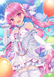 Rule 34 | 1girl, :d, anchor, balloon, bare shoulders, blue hair, blurry, blurry background, blush, bow, breasts, commentary, day, depth of field, dress, elbow gloves, feathers, frilled thighhighs, frills, gloves, highres, holding, holding microphone, hololive, long hair, looking at viewer, medium breasts, microphone, minato aqua, minato aqua (aqua iro super dream), multicolored hair, open mouth, outdoors, petals, pink hair, purple bow, purple eyes, rong yi tan, smile, solo, strapless, strapless dress, thighhighs, tiara, twintails, two-tone hair, very long hair, virtual youtuber, white dress, white gloves, white thighhighs