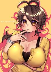 Rule 34 | 1girl, :&lt;, amaha masane, antenna hair, artist name, black bra, bra, bracelet, breasts, brown eyes, brown hair, cleavage, commentary request, finger to mouth, hair between eyes, jewelry, large breasts, long hair, long sleeves, looking at viewer, osiimi, solo, sweater, underwear, upper body, witchblade, yellow background, yellow sweater