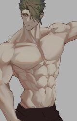 Rule 34 | 1boy, abs, achilles (fate), brown pants, closed mouth, collarbone, fate/apocrypha, fate (series), green hair, grey background, hair over one eye, haruakira, highres, large pectorals, male focus, muscular, muscular male, navel, no nipples, outstretched arm, pants, pectorals, red eyes, short hair, simple background, solo, topless male, undercut