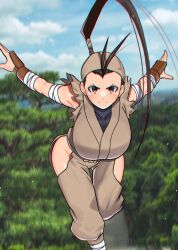 Rule 34 | 1girl, airplane arms, akisu k, antenna hair, bandages, black hair, breasts, brown eyes, capcom, closed mouth, commentary request, fingerless gloves, gloves, high ponytail, hip vent, ibuki (street fighter), large breasts, long hair, looking at viewer, ninja, outdoors, outstretched arms, ponytail, smile, solo, spread arms, street fighter, street fighter iii (series), tree