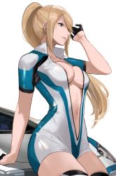 Rule 34 | 1girl, alternate costume, black gloves, blonde hair, blue eyes, breasts, car, eyebrows hidden by hair, floating hair, from side, gloves, highres, j@ck, large breasts, long hair, metroid, motor vehicle, nintendo, no bra, on vehicle, parted lips, ponytail, race queen, samus aran, simple background, solo, thighhighs, white background
