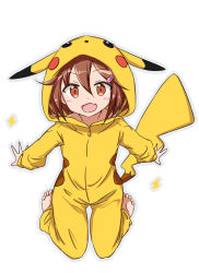 Rule 34 | 10s, 1girl, animal costume, barefoot, blush stickers, brown eyes, brown hair, chigusa, cosplay, creatures (company), full body, game freak, gen 1 pokemon, hair ornament, hairclip, hood, ikazuchi (kancolle), kantai collection, long sleeves, nintendo, open mouth, pikachu, pikachu (cosplay), pokemon, short hair, simple background, solo, white background