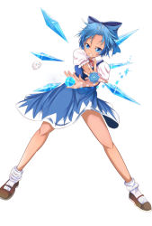 Rule 34 | 1girl, blue bow, blue dress, blue eyes, blue hair, blush, bobby socks, bow, cirno, dress, flying, foreshortening, full body, grin, hair bow, hair slicked back, hidden star in four seasons, highres, himura 1129, ice, ice wings, incoming attack, kedama (touhou), looking at viewer, mary janes, puffy short sleeves, puffy sleeves, river, shoes, short hair, short sleeves, smile, snow, socks, tan, tanned cirno, touhou, tree, white socks, wings
