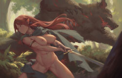 Rule 34 | 1girl, bigrbear, breasts, cape, forest, green cape, highres, holding, holding sword, holding weapon, large breasts, long hair, nature, nude, original, outdoors, pointy ears, red hair, solo, sword, weapon