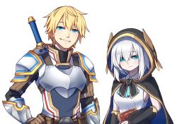 Rule 34 | 1boy, 1girl, aqua eyes, armor, ars almal, ascot, belt pouch, black cape, blonde hair, blue ascot, blue eyes, book, breastplate, brown gloves, cape, commentary, detached sleeves, english commentary, ex albio, gloves, hair between eyes, hand on own hip, highres, holding, holding book, hood, hood up, hooded cape, nijisanji, pouch, short hair, shoulder armor, silver hair, smirk, speckticuls, sword, sword behind back, transparent background, vambraces, virtual youtuber, weapon