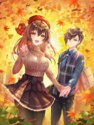 Rule 34 | 1boy, 1girl, autumn, autumn leaves, bag, beret, blue eyes, blush, bolo tie, bow, brown eyes, brown hair, collared shirt, couple, ginkgo leaf, hat, hetero, highres, holding, holding leaf, holding weapon, jewelry, layered skirt, leaf, long hair, long sleeves, looking at another, looking at viewer, mizunozumi, necklace, open mouth, original, outdoors, pants, pantyhose, plaid, plaid vest, shirt, shopping bag, short hair, skirt, sleeves past wrists, smile, sweater, vest, weapon