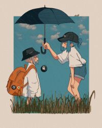 Rule 34 | 2girls, backpack, badge, bag, bare legs, baseball cap, black headwear, blue hair, blue shorts, blue sky, bucket hat, button badge, child, closed eyes, cloud, creature, day, denim, denim shorts, from side, grass, grey hair, grey umbrella, hat, highres, holding, holding umbrella, long sleeves, looking at another, multiple girls, nao97122, open mouth, orange bag, original, outdoors, outside border, shared umbrella, shirt, shirt tucked in, short ponytail, short sleeves, shorts, sidelocks, signature, size difference, sky, sleeves past fingers, sleeves past wrists, standing, umbrella, white shirt, wide sleeves