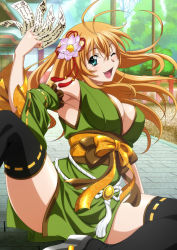 Rule 34 | 1girl, ;d, aqua eyes, armpits, black thighhighs, blonde hair, breasts, cleavage, day, detached sleeves, fang, floating hair, flower, green kimono, green sleeves, hair between eyes, hair flower, hair ornament, hair ribbon, holding, ikkitousen, japanese clothes, kimono, large breasts, long hair, long sleeves, obi, one eye closed, open mouth, outdoors, pink flower, red ribbon, ribbon, ribbon-trimmed sleeves, ribbon-trimmed thighhighs, ribbon trim, sash, short kimono, sitting, sleeveless, sleeveless kimono, smile, solo, sonsaku hakufu, spread legs, thighhighs, very long hair, zettai ryouiki