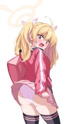 Rule 34 | 1girl, ahoge, ass, black thighhighs, blonde hair, blue archive, bsm (nerdmin), commentary, embarrassed, from behind, halo, hood, hoodie, medium hair, open mouth, panties, pantyshot, pink bag, pink hoodie, pink panties, pink skirt, plaid, plaid skirt, pleated skirt, sidelocks, skirt, sleeves past wrists, solo, standing, sweatdrop, thighhighs, thighs, twintails, underwear, wavy mouth, yellow eyes, yoshimi (blue archive)