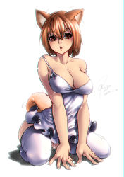 Rule 34 | 10s, 1girl, 2014, all fours, animal ears, bad id, bad pixiv id, bare shoulders, blush, breasts, brown eyes, brown hair, dated, eyebrows, large breasts, naidong (artist), open mouth, original, short hair, signature, simple background, sitting, solo, squirrel ears, squirrel tail, strap slip, tail, thighhighs, wariza, white background, white thighhighs