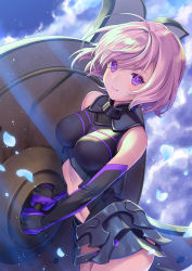 Rule 34 | 1girl, arched back, armor, bare shoulders, breasts, closed mouth, cloud, commentary request, day, elbow gloves, eyes visible through hair, fate/grand order, fate (series), from side, geroro, gloves, highres, holding, holding shield, large breasts, looking at viewer, mash kyrielight, midriff, multicolored clothes, multicolored gloves, outdoors, pink hair, purple eyes, purple hair, shield, short hair, smile, solo, standing, wind