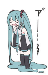 Rule 34 | 1girl, 200f (nifu), absurdres, aqua hair, aqua necktie, bare shoulders, black footwear, black skirt, black sleeves, boots, closed eyes, commentary, detached sleeves, full body, grey shirt, hair ornament, hatsune miku, highres, liquid hair, long hair, long sleeves, necktie, number tattoo, open mouth, pleated skirt, shirt, shoulder tattoo, simple background, skirt, sleeveless, sleeveless shirt, solo, standing, symbol-only commentary, tattoo, thigh boots, translation request, twintails, very long hair, vocaloid, white background
