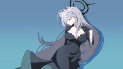 Rule 34 | 1girl, black dress, black halo, blue archive, blue background, breasts, dress, grapeanime, grey hair, halo, highres, large breasts, long hair, shiroko (blue archive), shiroko terror (blue archive), solo
