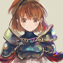Rule 34 | armor, black hairband, blush, breastplate, brown eyes, brown hair, character request, copyright request, green background, hair behind ear, hairband, kokuzu, looking at viewer, lowres, portrait, smile
