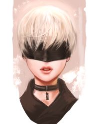 Rule 34 | black blindfold, black neckwear, blindfold, choker, covered eyes, dopey (dopq), highres, jewelry, lips, male focus, nier:automata, nier (series), parted lips, pendant, pink lips, portrait, simple background, solo, teeth, white background, 9s (nier:automata)