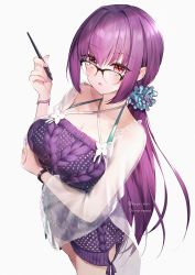 Rule 34 | 1girl, absurdres, bespectacled, black-framed eyewear, bracelet, breasts, dress, fate/grand order, fate (series), glasses, hair ornament, hair scrunchie, hane yuki, highres, holding, holding pen, jewelry, large breasts, long hair, looking at viewer, low ponytail, nail polish, over-rim eyewear, pen, purple hair, purple nails, red eyes, scathach (fate), scathach skadi (fate), scathach skadi (swimsuit ruler) (fate), scathach skadi (swimsuit ruler) (second ascension) (fate), scrunchie, see-through, semi-rimless eyewear, simple background, solo, sweater, sweater dress, watch, white background