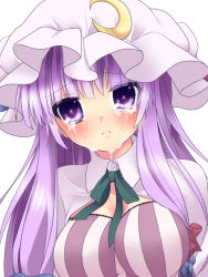 Rule 34 | 1girl, bad id, bad pixiv id, blush, breasts, etou (cherry7), female focus, hat, large breasts, patchouli knowledge, purple eyes, purple hair, solo, tears, touhou