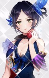 Rule 34 | 1girl, apple, bare shoulders, black hair, black scarf, blue dress, blush, breasts, cleavage, collarbone, commentary request, crop top, detached sleeves, dress, earrings, flower, food, fruit, hair flower, hair ornament, hayami kanade, head tilt, highres, holding, holding food, holding fruit, holding shoes, idolmaster, idolmaster cinderella girls, jewelry, looking at viewer, mairo, medium breasts, multicolored clothes, multicolored dress, multiple views, parted bangs, pomegranate, red dress, scarf, shoes, short hair, sidelocks, signature, solo, upper body, yellow eyes