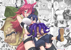 Rule 34 | 1boy, 1girl, absurdres, age difference, animal ears, antenna hair, bag, bare shoulders, belt, black hair, blue eyes, blush, breasts, comic, elbow gloves, fingerless gloves, firo (shun soku), fox ears, gloves, highres, large breasts, looking at viewer, midriff, open mouth, original, red eyes, red hair, ribbed sweater, scroll, shoes, short shorts, shorts, shun soku, sweater, tail, tentacles, thighhighs, tongue, tongue out, turtleneck