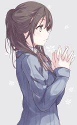Rule 34 | 1girl, bad id, bad twitter id, blush, brown hair, expressionless, grey background, grey eyes, hair over shoulder, half updo, hiwatari rin, long hair, neck ribbon, original, own hands clasped, own hands together, profile, ribbon, sidelocks, simple background, solo, sweater, upper body