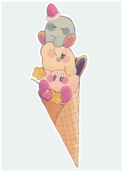 Rule 34 | :o, ;d, arm up, arms up, blue eyes, blush, blush stickers, border, cherry, closed eyes, closed mouth, commentary, food, food on head, fruit, grey background, highres, ice cream cone, kirby, kirby (series), looking at viewer, nintendo, no (x xasm), no humans, object on head, one eye closed, open mouth, outline, simple background, smile, star (symbol), strawberry, symbol-only commentary, waffle cone, waving, white border, white outline