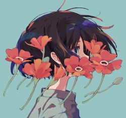Rule 34 | aqua background, aqua eyes, blue background, blue theme, bob cut, brown hair, character request, close-up, copyright request, covered mouth, flower, flower request, from side, green background, green eyes, green shirt, grey eyes, grey shirt, half-closed eyes, high collar, highres, ka (marukogedago), portrait, profile, shadow, shirt, short hair, simple background, solo