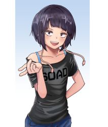 Rule 34 | 1girl, :d, arm behind back, audio jack, bare shoulders, black hair, black shirt, blunt bangs, blush, boku no hero academia, cable, collarbone, commentary request, denim, flat chest, jeans, jirou kyouka, looking at viewer, open mouth, pants, shirt, short hair, short sleeves, simple background, smile, solo, sumire river, teeth, two-tone background, upper teeth only