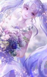 Rule 34 | 1girl, bishoujo senshi sailor moon, blue eyes, blue flower, blurry, blurry background, bouquet, closed mouth, collarbone, dress, dutch angle, floating hair, flower, hair between eyes, hair ornament, highres, holding, holding bouquet, long hair, newz (primnewz), parted bangs, princess serenity, silver hair, smile, solo, strapless, strapless dress, twintails, very long hair, watermark, white dress
