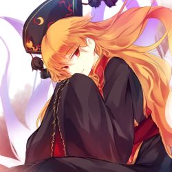 Rule 34 | 1girl, belt, black dress, black hat, bow, bowtie, brown background, chinese clothes, closed mouth, commentary request, crescent, dress, energy, eyes visible through hair, hair between eyes, hands up, hat, junko (touhou), kutsuki kai, long hair, long sleeves, looking at viewer, orange bow, orange bowtie, orange hair, own hands together, phoenix crown, pom pom (clothes), red belt, red eyes, sitting, smile, solo, tabard, teeth, touhou, wide sleeves