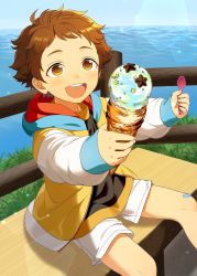 Rule 34 | 1boy, akari-chan (e), bandaid, bandaid on leg, bench, blue sky, brown eyes, brown hair, child, commentary request, feet out of frame, food, grass, highres, holding, holding spoon, horizon, ice cream, ice cream cone, incoming food, incoming gift, jacket, looking at viewer, male focus, ocean, open mouth, original, outdoors, park, sea sparkle, short hair, shorts, sitting, sky, smile, solo, spoon, teeth, upper teeth only, water