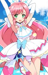 Rule 34 | 1girl, arm behind head, arms up, ascot, boots, bow, braid, brooch, commentary, cure prism, dress, dress bow, earrings, elbow gloves, gloves, green eyes, hair bow, highres, hirogaru sky! precure, jewelry, kaatsu katsurou, layered dress, leg up, lens flare, long hair, looking at viewer, magical girl, nijigaoka mashiro, open mouth, pink hair, precure, short dress, side braids, sleeveless, sleeveless dress, smile, solo, standing, standing on one leg, twin braids, very long hair, white ascot, white bow, white dress, white footwear, white gloves, wing brooch