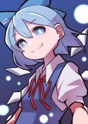 Rule 34 | blue background, blue bow, blue dress, blue eyes, blue hair, blue theme, bow, bright pupils, cirno, collared shirt, commentary, dated, dated commentary, dress, gradient background, hair between eyes, hair bow, ice, ice wings, looking at viewer, neck ribbon, pinafore dress, puffy short sleeves, puffy sleeves, red ribbon, ribbon, shirt, short hair, short sleeves, signature, sleeveless dress, smile, split mouth, touhou, umenodo, white pupils, white shirt, wing collar, wings