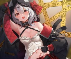 Rule 34 | 1girl, arm up, armpits, black collar, black gloves, black hair, blush, breasts, caution tape, cleavage, collar, fang, fingerless gloves, frills, gloves, grey hair, hair ornament, highres, hololive, hood, hood up, hooded jacket, jacket, jam (nandade), long sleeves, looking at viewer, medium breasts, multicolored hair, nail polish, navel, open clothes, open jacket, open mouth, plaid, plaid skirt, red eyes, red nails, sakamata chloe, skirt, solo, streaked hair, upper body, virtual youtuber, x hair ornament