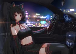 Rule 34 | 1girl, animal ears, artist name, black hair, black skirt, black thighhighs, black tube top, blurry, breasts, car, car interior, commentary, detached sleeves, english commentary, feet out of frame, from side, highres, indie virtual youtuber, ku-ini, lanfear, long hair, looking at viewer, medium breasts, midriff, miniskirt, motor vehicle, neck ribbon, night, red eyes, red ribbon, ribbon, sitting, skirt, solo, strapless, thighhighs, tube top, very long hair, virtual youtuber, vrchat