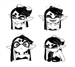 Rule 34 | + +, 1girl, ^ ^, asymmetrical hair, black dress, black gloves, black hair, black jumpsuit, bow-shaped hair, breasts, callie (splatoon), cleavage, closed eyes, collarbone, domino mask, dress, earrings, expression chart, gloves, hand on own chin, happy, highres, idol, inkling, inkling player character, jewelry, jumpsuit, long hair, mask, mole, mole under eye, monochrome, nintendo, o den, pointy ears, small breasts, smile, splatoon (series), splatoon 3, strapless, strapless dress, stroking own chin, tentacle hair, thinking, very long hair