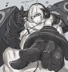 Rule 34 | 10s, 1girl, absurdly long hair, abyssal ship, beamed quavers, blue eyes, boombox, colored skin, commentary request, foreshortening, glasses, headphones, ikameshi (ika meshi), kantai collection, long hair, looking at viewer, mechanical arms, monochrome, musical note, power fist, quaver, single mechanical arm, solo, sparkle, spot color, supply depot princess, translation request, very long hair, white hair, white skin