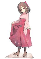 Rule 34 | 1girl, boots, bow, brown footwear, brown hair, closed mouth, drill hair, full body, hair bow, hakama, hakama hold, harukaze (kancolle), japanese clothes, kantai collection, kimono, long sleeves, looking at viewer, meiji schoolgirl uniform, pink bow, pink kimono, red eyes, red hakama, simple background, solo, standing, wide sleeves, yasushi