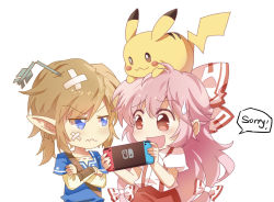 Rule 34 | 1boy, 1girl, :3, arrow (projectile), arrow in head, arrow through heart, bandaid, blonde hair, blue eyes, blue tunic, bow, broken arrow, chibi, commentary, creatures (company), crossed arms, crossover, english text, frown, fujiwara no mokou, game console, game freak, gen 1 pokemon, hair between eyes, hair bow, jokanhiyou, layered sleeves, link, long hair, long sleeves, multiple crossover, nintendo, nintendo switch, object through head, on head, open mouth, pants, pikachu, pink hair, pointy ears, pokemon, pokemon (creature), pokemon on head, puffy short sleeves, puffy sleeves, red eyes, red pants, shirt, short hair, short over long sleeves, short sleeves, sidelocks, simple background, speech bubble, suspenders, sweatdrop, the legend of zelda, touhou, tunic, upper body, v-shaped eyebrows, very long hair, white background, white shirt